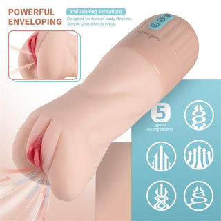 En hudfärgad onaniprodukt i silikon med en vaginaformad öppning, sugfunktion och tydligt märkta kontrollfunktioner.