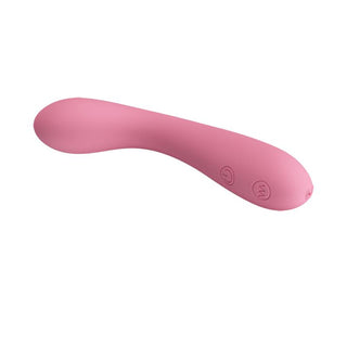 Böjd vibrator i rosa silikon med två sidoknappar, utformad för ergonomisk användning.