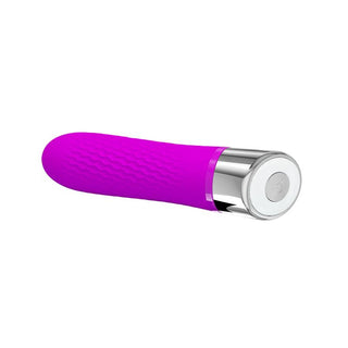 Pretty Love Sebastian Lila Vibrator är en lila, texturerad silikonvibrator med en silver och vit kontrollbas, visad mot en vit bakgrund.