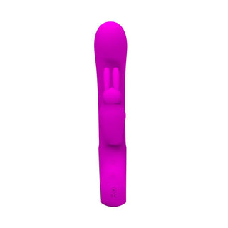 PrettyLove Webb Rabbitvibrator, en rosa silikon-dubbelvibrator för både klitorisstimulans och G-punktsstimulans, visas mot en vit bakgrund.