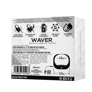 Baksidan av en Tardenoche Waver Masturbator-förpackning, som visar funktioner, instruktioner och användningsikoner för denna flexibla masturbator för män med värme och vibration.