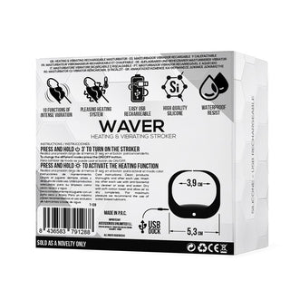 Baksidan av en Tardenoche Waver Masturbator-förpackning, som visar funktioner, instruktioner och användningsikoner för denna flexibla masturbator för män med värme och vibration.