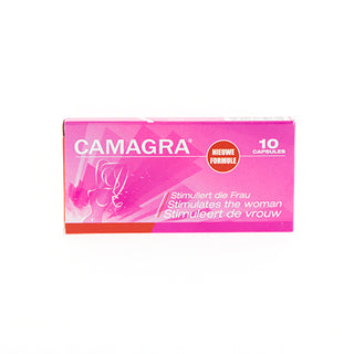 Rosa ask med Camagra Lustkapslar Kvinna 10-Pack, ett kosttillskott som är utformat för att förbättra kvinnlig känslighet; har "Stimulates the woman" på framsidan på flera språk.