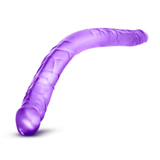 Lila Dubbeländad Dildo, en 40 cm flexibel silikonleksak i genomskinlig lila, visas på en vit bakgrund. Tillverkad av kroppssäker PVC, dess långa böjda form säkerställer mångsidighet och enkel rengöring för extra nöje.