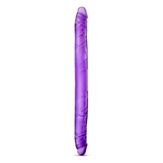 En lång, slät lila uppblåsbar korvformad ballong av kroppssäker PVC, visad vertikalt på vit bakgrund, liknar Lila Dubbeländad Dildo 40 cm.