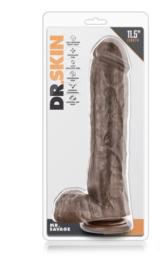 Mr Savage Dildo 29 cm är en brun, realistisk dildo med en sugkoppsbas för handsfree njutning, förpackad i en klar detaljhandelsförpackning.