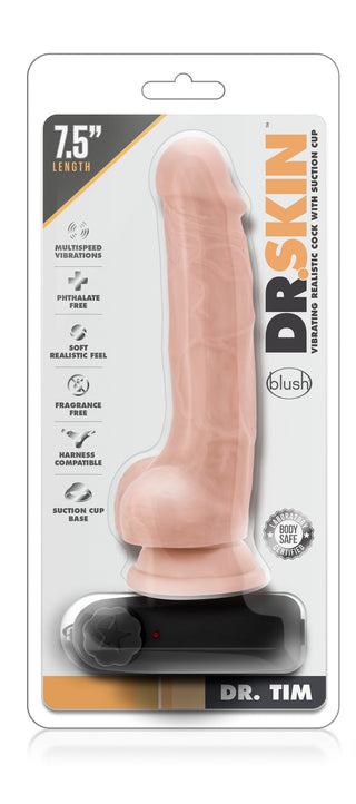 Vibrerande realistisk dildo med sugkopp, plastförpackad och märkt Dr. Tim Vibrerande Dildo 19 cm.
