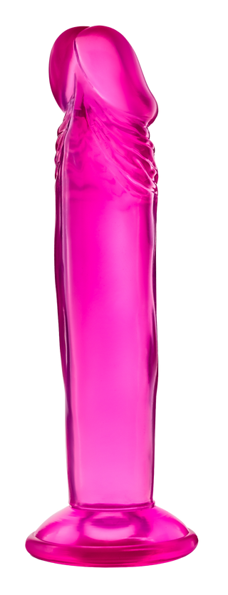 Rosa dildo i silikon, 16 cm, realistisk form med utsvängd sugkopp och kompatibel med sele.