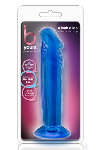 Blå dildo med sugkopp, 15 cm lång, tillverkad i kroppssäker PVC med realistisk utformning.