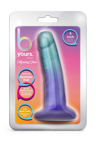 Blå realistisk dildo, 5 tum lång, med sugproppsbas; tillverkad av kroppssäkert, ftalatfritt material.