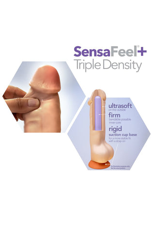 Hexagonala bilder och text framhäver den realistiska, fasta men ändå flexibla Dr.Skin 22cm Posable Dildo med Sensa Feel Plus-teknik och en sugkoppsbas. Den är kompatibel med strap-on-system och erbjuder en mångsidig upplevelse för alla användare.