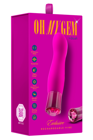 Den exklusiva förpackningen för Tourmaline Vibrator har Oh My Gem-varumärke, produktbild och ikoner på en livlig rosa låda - vilket framhäver G-punkt precision och värmefunktion för ökad njutning.