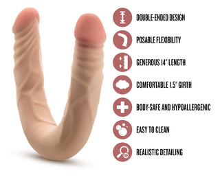 Böjbar dildo, 35 cm lång, hudfärgad, tillverkad av kroppssäkert material med slät design.