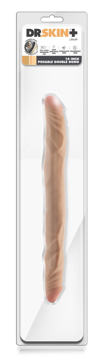 Rödfärgad, böjbar dubbeldildo, 35 cm, kroppssäkert material med flexibel skaft, avbildad i förpackningen.