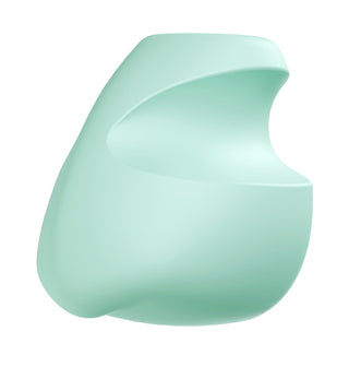Fingervibrator i mintgrön silikon med en slät, abstrakt form och mjuka kurvor, mot en vit bakgrund.