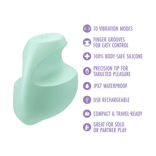 Mintgrön fingervibrator i kroppssäkert silikon med slät design.
