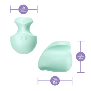 Mintgrön fingervibrator i silikon, kompakt design, visad framifrån/från sidan. Dimensioner: 1,5x2,25x2.