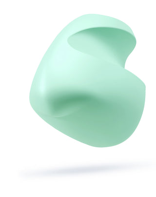 Mintgrön fingervibrator i silikon med slät, abstrakt böjd design mot en vit bakgrund.