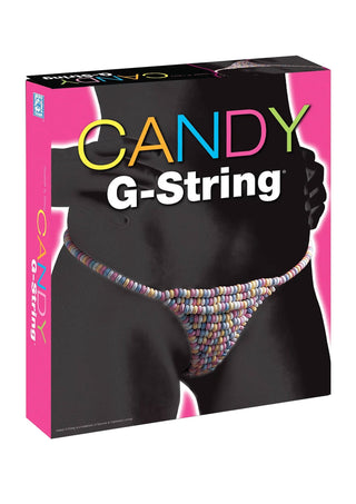 En låda med en modell i en färgglad Candy G-String Ätbar Trosa tillverkad av godispärlor, med CANDY G-String på framsidan-en perfekt ätbar stringtrosa och rolig present.