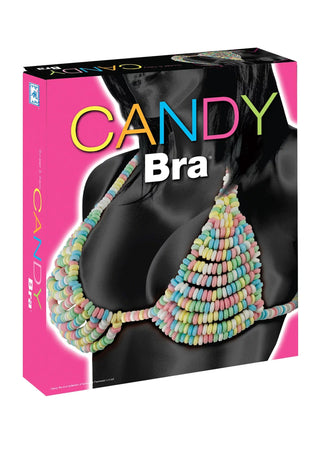 Candy Bra Ätbar BH med bild på en kvinna som bär den färgglada, ätbara godispärls-BH:n - perfekt för en lekfull stund!.
