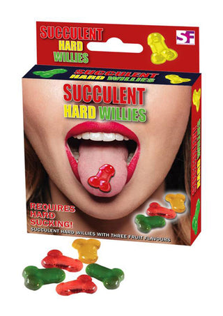 En förpackning med godis från Succulent Hard Willies, innehållande färgglada, falliska hårda karameller och en lekfull design på förpackningen.