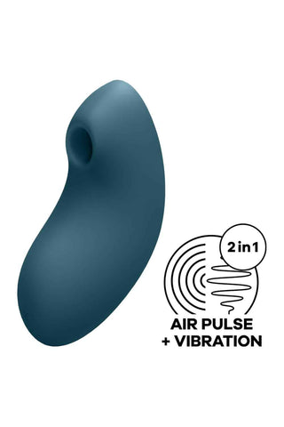 Mörkblå klitorisstimulator i silikon med böjd form och cirkulär öppning, visad i en enkel linjeillustration.