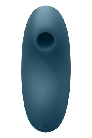 Blå oval Satisfyer Vulva Lover 2 lufttrycksvibrator, medicinsk silikon, med cirkulär öppning, visad uppifrån.
