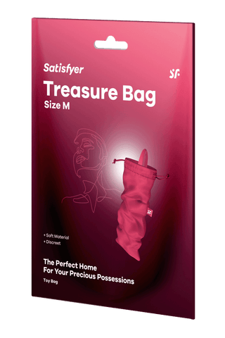 Den rosa förpackningen till "Satisfyer Förvaringspåsar" storlek M har en illustration av en dragväska och en abstrakt person, som framhäver dess diskreta, mjuka material som är idealiskt för förvaring av sexleksaker. Förvaringspåsar finns i olika storlekar.