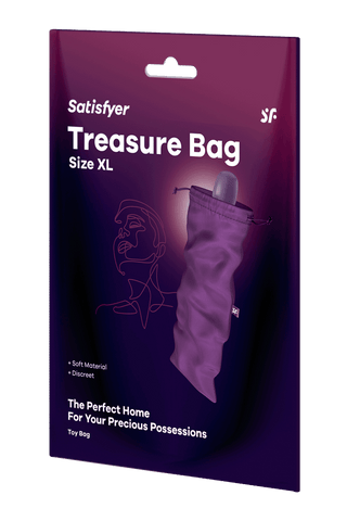 Förpackning till "Satisfyer Förvaringspåsar", storlek XL, perfekt för förvaring av dina sexleksaker. Det lila paketet har en linjeritning av ett ansikte och påskonturer, som framhäver "mjukt material" och "diskret". Tagline: "Det perfekta hemmet för dina dyrbara ägodelar.