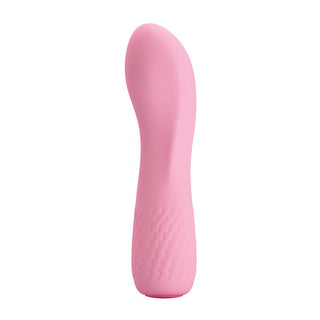 Pretty Love Alice Mini Vibrator är en rosa, vattentät vibrator tillverkad av silikon av medicinsk kvalitet med en böjd spets och texturerat grepp, som visas stående upprätt mot en vit bakgrund.