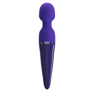PrettyLove Anthony Wand, en lila massageapparat med rundat huvud, strukturerat grepp och flera vibrationsinställningar, visas mot en vit bakgrund.