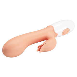 Kaninvibrator i rosa silikon med böjt skaft, klitorisstimulator och lättkontrollerade handtagsknappar.