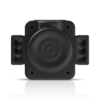 Cumera Camera Masturbator har en elegant svart webbkamera med en rundad lins i mitten, flankerad av sidodetaljer, allt mot en orörd vit bakgrund.