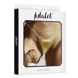 Närbild av Guld Trosa Daphne på Adalet Finest Underkläder-förpackning. Har ett minimalistiskt snitt för en elegant frontvy av guldunderkläder.