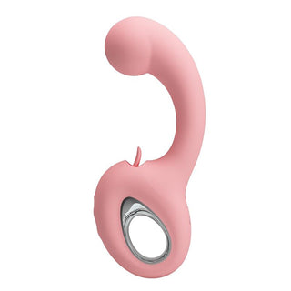 Rosa dubbelvibrator i silikon med böjd design, rundad spets och handtag.