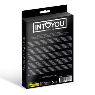Svart låda för Intoyou Fellicia Mask No. 3 med vit text, produktinformation och 18+ varningsetikett – har satinband och en elegant spetsdesign inspirerad av en venetiansk ögonmask.