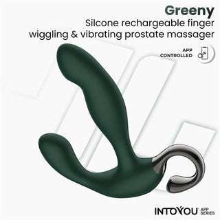 Greeny Prostatavibrator med Appstyrning i mörkgrön silikon har böjd design, metallisk ögla och flera vibrationslägen för en skräddarsydd upplevelse.