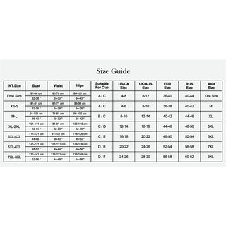 Storlekstabell för kläder med byst, midja, höfter, kupa och internationella omvandlingar för kvinnor - perfekt för att hitta din perfekta passform i Adalet Hope Open Panty.