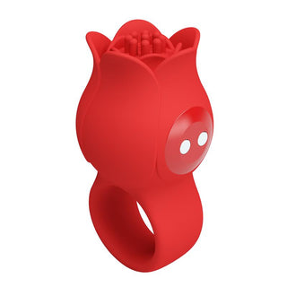 Rosformad fingervibrator i röd silikon med texturerat centrum och sidoknappar.