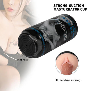 SHEQU Classic Vaginamasturbator har en svart kopp med starkt sug, med en närbild av den vaginaformade hylsan, den verklighetstrogna öppningen och ventilationshålet för en realistisk känsla.
