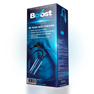 Boost Penispumps blå förpackning visar slående reklamtext och en detaljerad produktbild, designad för att effektivt förbättra sexuell prestation.