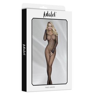 Maty Rhinestone Bodystocking är en skir, svart, långärmad underklänning med glittrande strassdetaljer som ger en fantastisk, iögonfallande look.