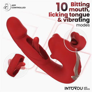 Intoyou Mouty Appstyrd Rabbitvibrator är en röd silikonvibrator med flera fästen, en svängbar tunga och 10 bitande, slickande och vibrerande lägen. Njut av personlig njutning och interaktiv kontroll via ActiveJoy-appen.
