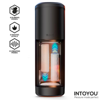 INTOYOU Nextor Värmande Masturbator är en svart cylindrisk enhet med synliga inre komponenter, pilar och ikoner för lägen. Den har en digital LED-display och vibrationsfunktioner för en förbättrad användarupplevelse.