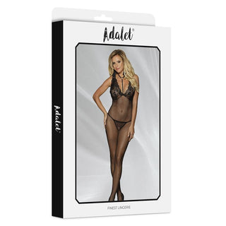 En underklädeslåda visar en modell i skir svart Bodystocking med Blommig Spets med strumpbyxeffekt; märket Adalet visas på förpackningen.