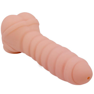Köttfärgad silikonhylsa med texturerade kanter och rundad spets, utformad för ökad känsla.