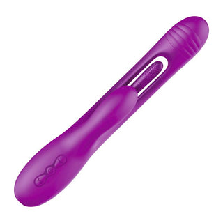 Möt Priya Vibe Rabbitvibrator: en lila massageapparat med handtagsknappar, trippelmotor för ökad njutning och IPX6 vattentäthet för mångsidig användning.