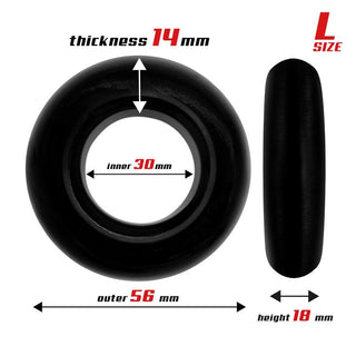 Diagram av ett svart cirkulärt föremål märkt L Storlek uppe till höger. Tillverkad av kroppssäkra material, den är 14 mm tjock, 30 mm innerdiameter, 56 mm ytterdiameter och 18 mm höjd. En del av Beast Cockring Set 3-Pack. Sido- och frontvyer visas.