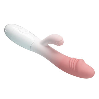 Kaninvibrator i vit och rosa silikon med ett böjt skaft utformat för stimulering av G-punkten.