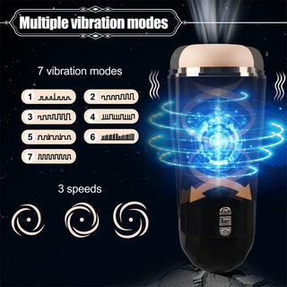 Vit automatisk onanihjälp med digital display och blå reglage, i en elegant plastdesign.